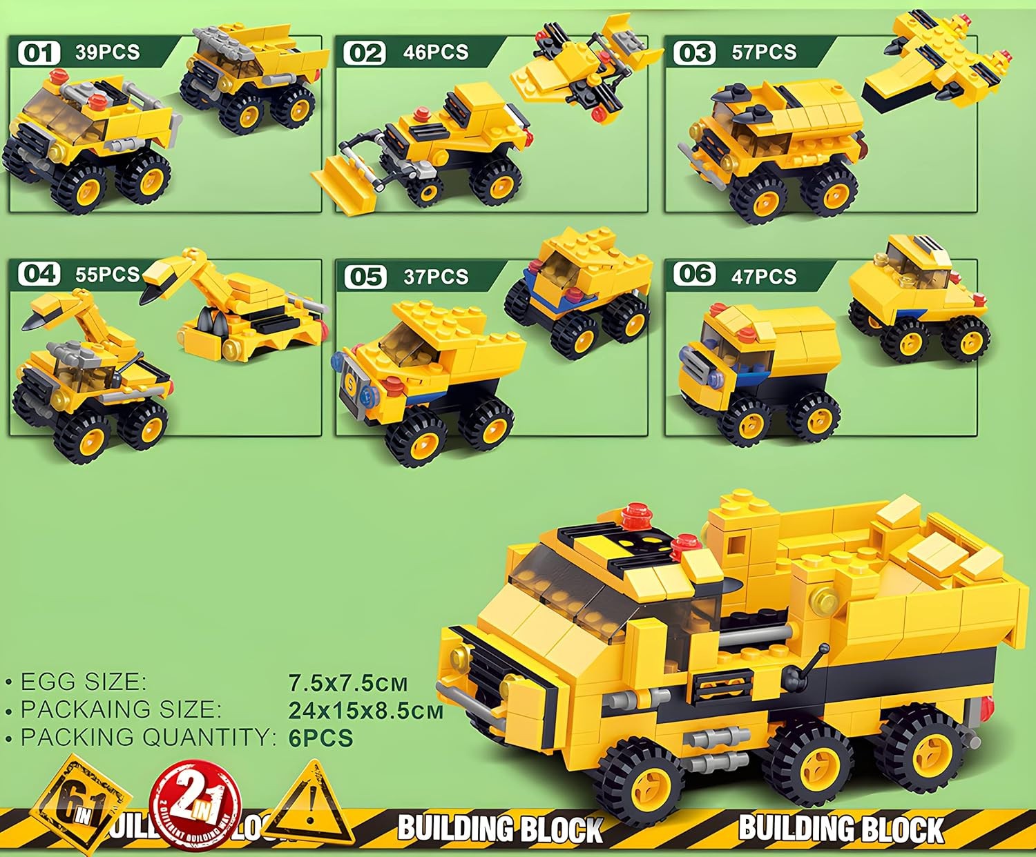 6x Überraschungsei Baufahrzeug– Klemmbausteine für Kinder Geschenk Spielzeug 🛻